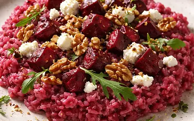 Risotto with roasted beets, goat cheese, and toasted walnuts