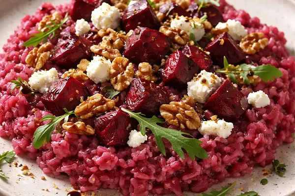 Risotto z pieczonymi burakami, kozim serem i prażonymi orzechami włoskimi