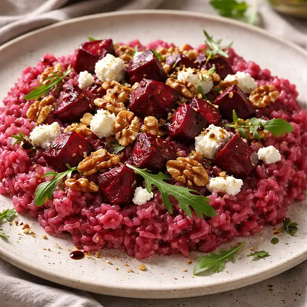 Risotto z pieczonymi burakami, kozim serem i prażonymi orzechami włoskimi