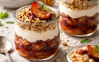 Quick layered dessert with baked plums, oat crumble, and ricotta cream with honey