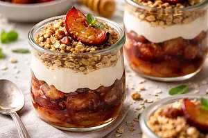 Quick layered dessert with baked plums, oat crumble, and ricotta cream with honey