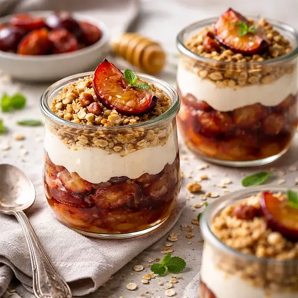 Szybki deser warstwowy ze śliwkami pieczonymi, kruszonką owsianą i kremem ricotta z miodem