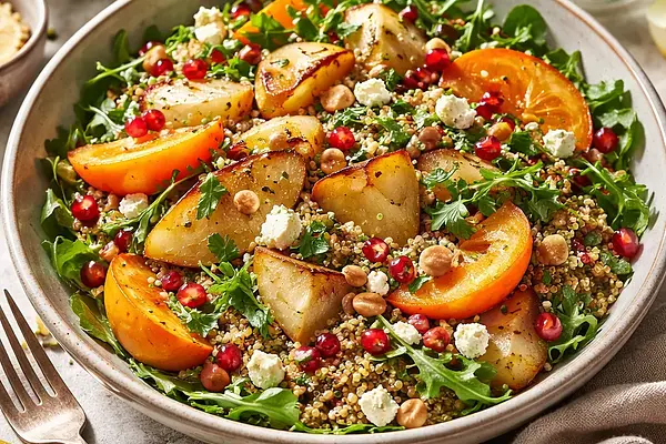 Zimowa sałatka z pieczoną kalarepą, kaki i quinoa