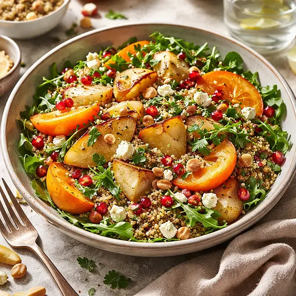 Zimowa sałatka z pieczoną kalarepą, kaki i quinoa