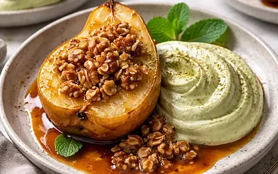 Baked pears in miso caramel with mascarpone-matcha cream and pecan crumble (fusion)