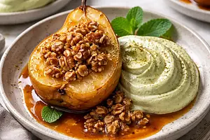 Baked pears in miso caramel with mascarpone-matcha cream and pecan crumble (fusion)