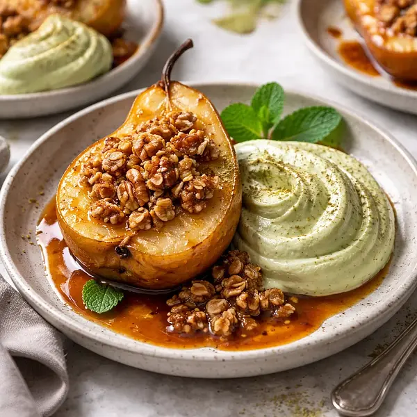 Pieczone gruszki w karmelu miso z kremem mascarpone-matcha i kruszonką pekan (fusion)