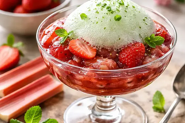 Wiosenny kompot rabarbarowo‑truskawkowy z miętową pianą