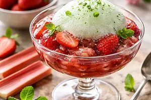 Spring Rhubarb-Strawberry Compote with Mint Foam
