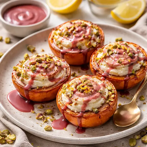 Pieczone persymony z kremem ricotta-cytrynowym, migdałowym crumble i sosem z czekolady ruby