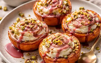 Baked persimmons with ricotta-lemon cream, almond crumble, and ruby chocolate sauce