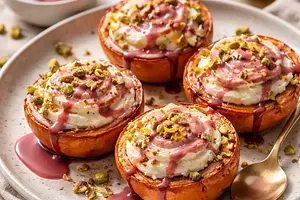 Baked persimmons with ricotta-lemon cream, almond crumble, and ruby chocolate sauce