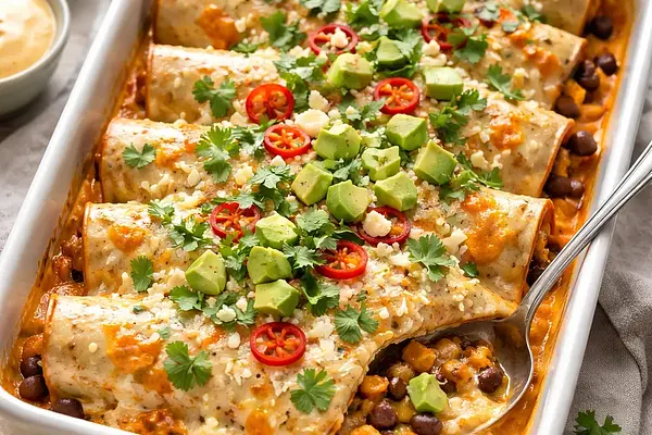 Enchiladas z pieczoną dynią piżmową i czarną fasolą w kremowym sosie chipotle-limonkowym