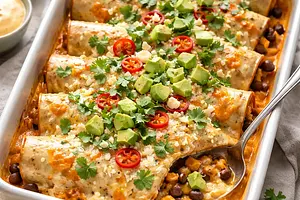 Enchiladas with roasted butternut squash and black beans in a creamy chipotle-lime sauce