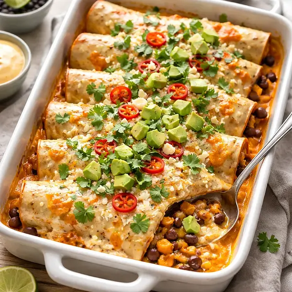 Enchiladas z pieczoną dynią piżmową i czarną fasolą w kremowym sosie chipotle-limonkowym