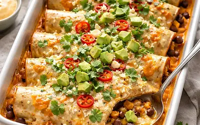 Enchiladas with roasted butternut squash and black beans in a creamy chipotle-lime sauce