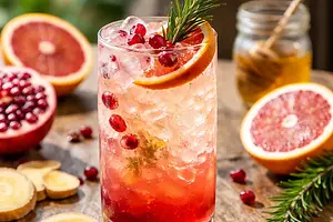 Sparkling citrus-pomegranate cocktail with ginger-honey syrup and smoky rosemary sprig (version e43ee570)