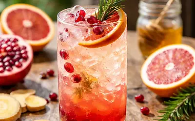 Sparkling citrus-pomegranate cocktail with ginger-honey syrup and smoky rosemary sprig (version e43ee570)