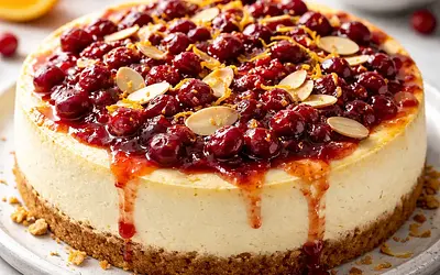 Traditional Baked Cheesecake with Cranberry-Orange Sauce and Toasted Almonds