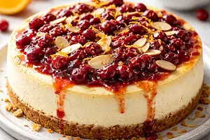 Traditional Baked Cheesecake with Cranberry-Orange Sauce and Toasted Almonds