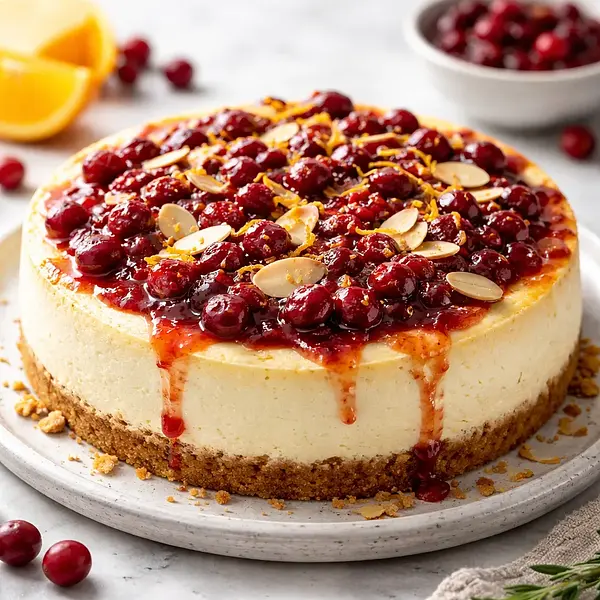 Tradycyjny pieczony sernik z sosem żurawinowo-pomarańczowym i prażonymi migdałami