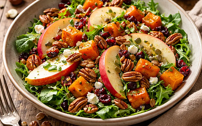 Traditional Autumn Salad with Roasted Pumpkin, Apple, and Nuts