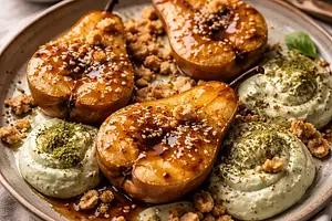 Baked pears in miso-caramel with ricotta-matcha cream and biscuit crumble (fusion, variant 2cf274de)