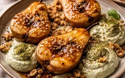 Baked pears in miso-caramel with ricotta-matcha cream and biscuit crumble (fusion, variant 2cf274de)