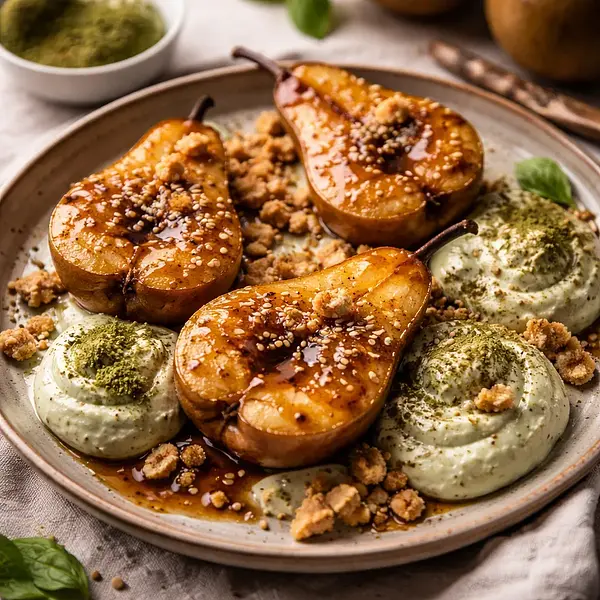 Pieczone gruszki w miso-karmelu z kremem ricotta-matcha i kruszonką herbatnikową (fusion, wariant 2cf274de)