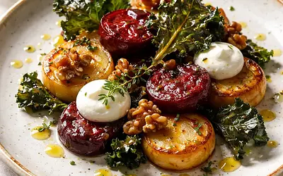 Celeriac and roasted beet tenderloins with goat cheese mousse, kale chips, and candied nuts
