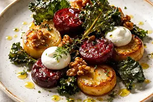 Celeriac and roasted beet tenderloins with goat cheese mousse, kale chips, and candied nuts