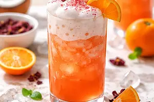 Mandarynkowo‑hibiskusowy cooler z pianką kokosowo‑aquafabową