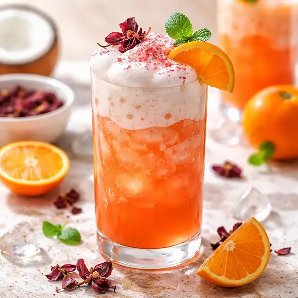 Mandarynkowo‑hibiskusowy cooler z pianką kokosowo‑aquafabową