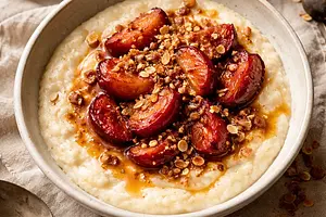 Jesienna kremowa semolina z korzennymi pieczonymi śliwkami i migdałowym crumble (wariant 27008e21)