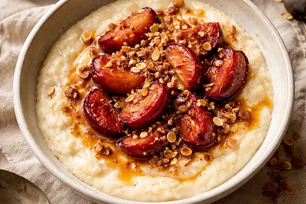 Jesienna kremowa semolina z korzennymi pieczonymi śliwkami i migdałowym crumble (wariant 27008e21)