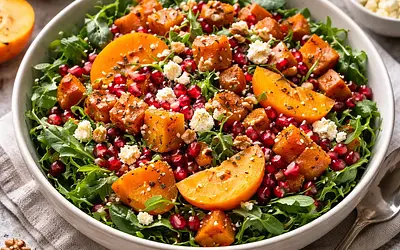 Winter Salad with Roasted Sweet Potato, Persimmon, and Pomegranate (Vegetarian)