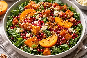 Sałatka zimowa z pieczonym batatem, persymoną i granatem (wegetariańska)