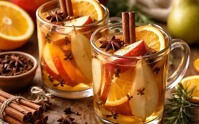 Traditional apple-pear mulled wine with orange and cinnamon