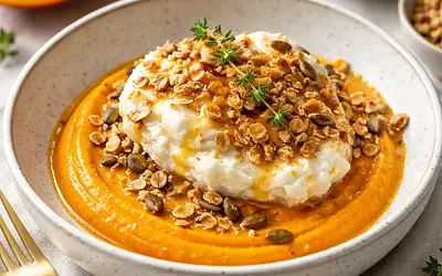 Hokkaido pumpkin mousse with coconut-ricotta cream, oat-nut crumble, and clementine sauce (variant e2d3cc1a)