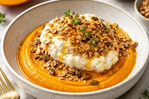 Hokkaido pumpkin mousse with coconut-ricotta cream, oat-nut crumble, and clementine sauce (variant e2d3cc1a)