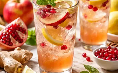 Sparkling apple-pomegranate drink with ginger and lemon