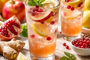 Sparkling apple-pomegranate drink with ginger and lemon