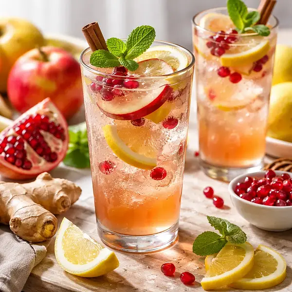 Musujący napój jabłkowo-granatowy z imbirem i cytryną