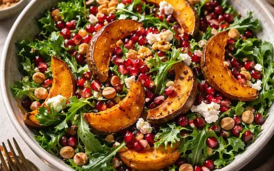 Winter salad with roasted pumpkin, pomegranate, and toasted hazelnuts