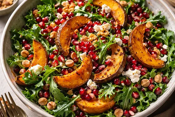 Zimowa sałatka z pieczoną dynią, granatem i prażonymi orzechami laskowymi