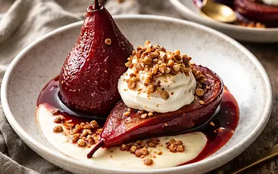 Pears baked in red wine with vanilla cream and nut croquant
