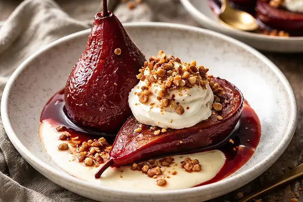 Gruszki pieczone w czerwonym winie z kremem waniliowym i orzechowym croquant