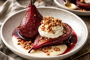 Gruszki pieczone w czerwonym winie z kremem waniliowym i orzechowym croquant