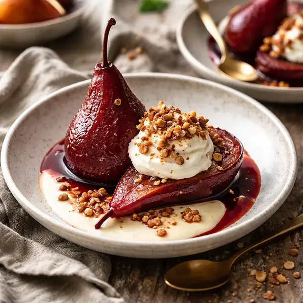 Gruszki pieczone w czerwonym winie z kremem waniliowym i orzechowym croquant