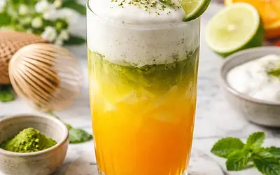Zimowo-wiosenny koktajl pomarańczowo-matcha z pianką kokosowo-limonkową (fusion)